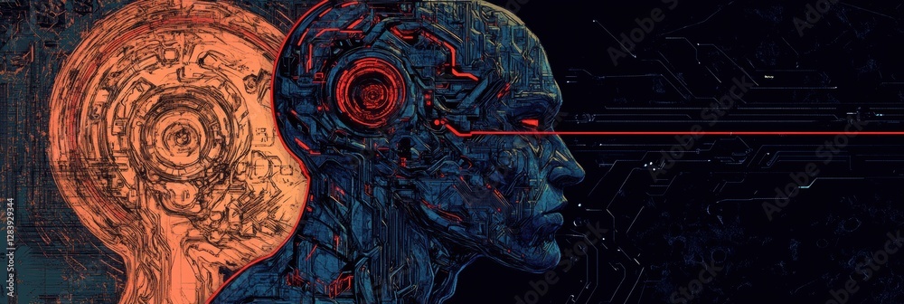 Poster human head outline merges organic form with a detailed mechanical design reflecting the essence of a