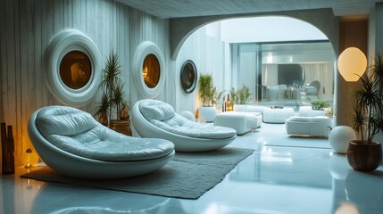 Modern minimalist lounge with curved white chairs, potted plants, and arched entryway to a tranquil courtyard.