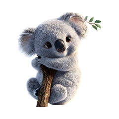 Fluffy 3D Cartoon Koala Hugging a Tree Branch Isolated on Transparent Background