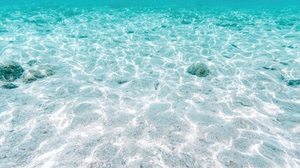 Underwater sandy bottom, sunlit shallows, vibrant turquoise water. Possible use for travel brochures, nature articles, or general underwater images