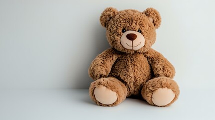 Obraz premium Fluffy brown teddy bear sitting against light background, soft plush toy with beige paws and nose, childhood companion for nursery decor and gift giving.