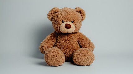 Obraz premium Fluffy brown teddy bear sitting against light background, soft plush toy with friendly expression and classic design for childhood, nursery and gift concepts.