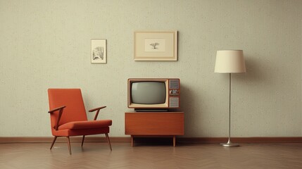 Fototapeta premium Retro tv in living room vintage decor cozy atmosphere home