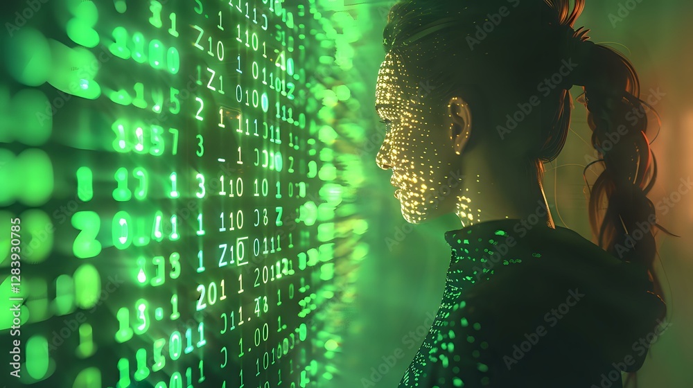 Poster young asian woman looking at digital data stream with green binary code numbers projected on her fac