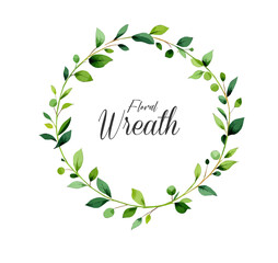 Watercolor green leaves wreath leaf boarder simple leafy hand painted isolated on white background frame wedding baby shower invitation cards save the date .	