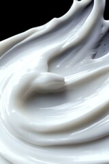 Smooth swirling white cream texture with glossy surface and soft curves against black background, macro photography showing luxurious cosmetic or dairy product detail.