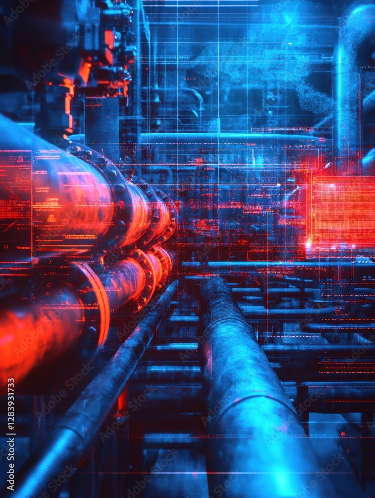 Poster Thermal imaging reveals gas leak with detailed heat signatures in high tech analysis environment. Generative AI