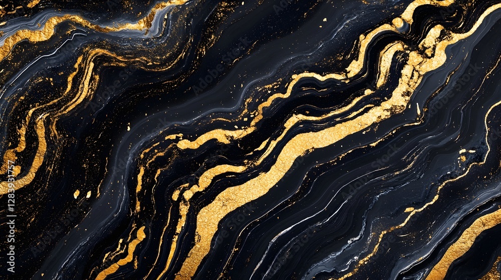 Aufkleber Luxurious Golden and Black Marble Texture with Fluid Wave Pattern Abstract Dynamic Swirling Background Elegant Metallic Glamorous Design for Decor Wallpaper or Graphic