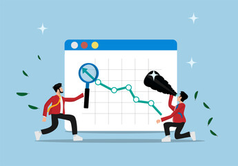 business financial investment. marketing team analytical report graphic on computer. two young business people holding a telesco and magnifying glass analyzing financial investment. flat illustration 