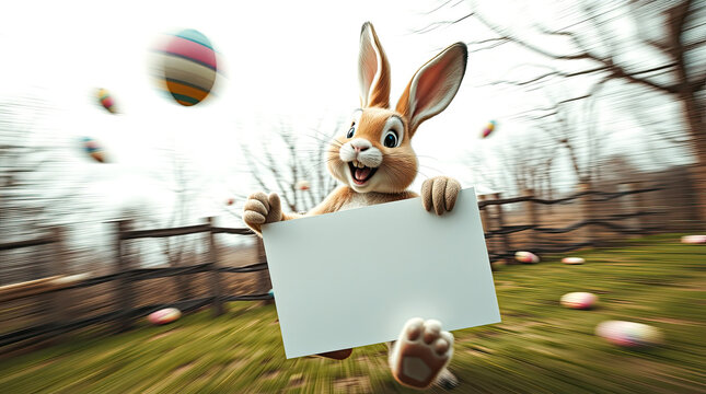 Easter rabbit holding a blank banner.