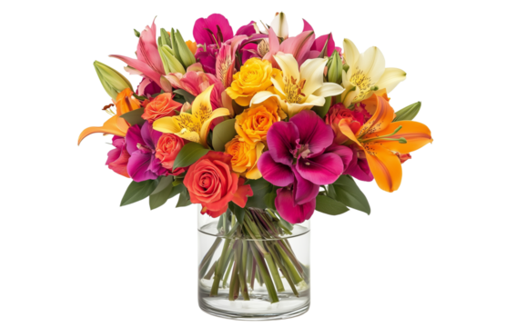 a vibrant bouquet of mixed flowers isolated on a transparent background