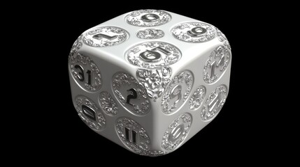 3D dice for casino games, like backgammon or poker. It's white and has different numbers on each side. It's a lucky cube that's rolled to make random choices in games.  