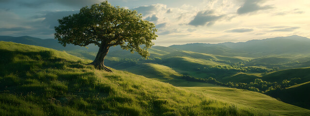 A tree stands on the grassy hill overlooking green mountains
