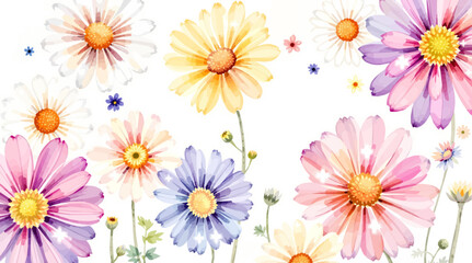 Watercolor white daisies with a yellow center on a white background. Background, pattern	