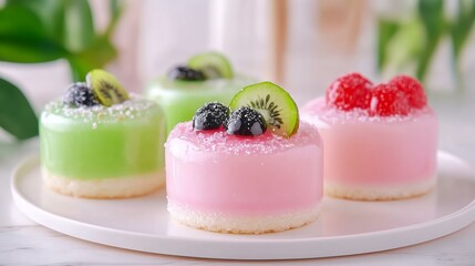 Colorful mini fruit cakes with kiwi, berries, and raspberry on white plate