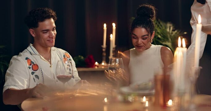 Smile, couple and food service at restaurant with romance, valentines day date and celebration. Happy, people and cuisine meal with red wine of anniversary, commitment and fine dining for hospitality