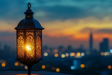 Ornate Lantern Illuminates Cityscape at Dusk