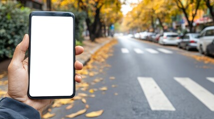 Hand holding smartphone with blank screen against autumnal street background.