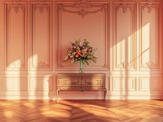 Flowers Arrangement on Dresser in Room with Molded Peach Walls and Hardwood Parquet Floor