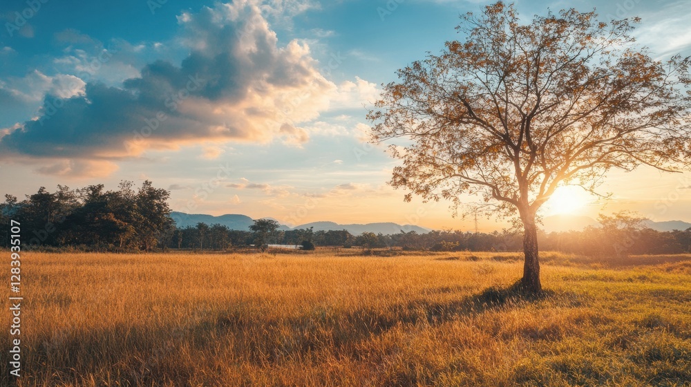 Aufkleber serene sunset over golden field with solitary tree near mountains and blue sky. generative ai