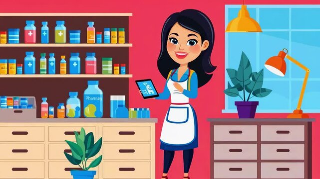 Cheerful woman in an apron using a tablet in a colorful shop filled with bottles and plants
