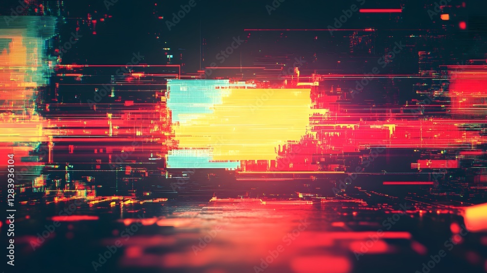 Poster Mesmerizing abstract digital art composition featuring a glitch like explosion of vivid neon lights pulsing energy and dynamic geometric patterns  Futuristic