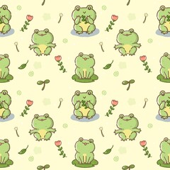 Kawaii frog cartoon character seamless pattern isolated on background