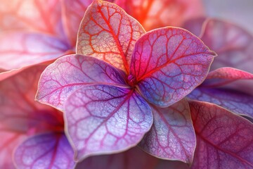 Close up of vibrant pink and purple leaves with intricate vein patterns, showcasing the beauty of nature and seasonal changes in color