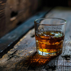A close up shot of a glass filled with amber colored whiskey ice cubes and a subtle reflection on a rustic wooden table  This cozy and comforting scene evokes a sense of relaxation and luxury