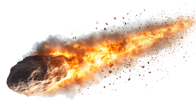 Fiery Asteroid Entering Earth's Atmosphere with Blazing Trail on transparent background