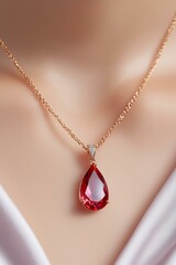 Elegant rose gold necklace with red teardrop gemstone pendant on smooth fabric background