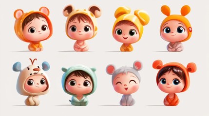 Fototapeta premium Cute collection of eight baby characters in cartoon style.