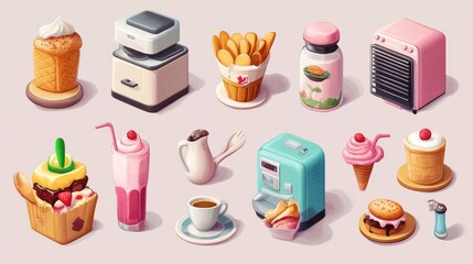Icons for food and drinks, like ice cream, pans, coffee, and fridges. They show kitchen tools, drinks, meals, and how to cook.  