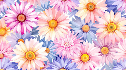 Watercolor white daisies with a color center on a white background. Background, pattern	
