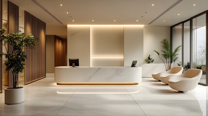 Corporate office with a minimalist reception area, modern desk, comfortable waiting chairs, neutral colors, high resolution