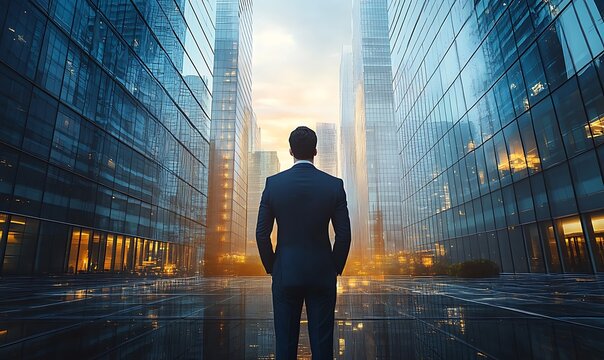 Back of businessman in suit with business office glass modern buildings background for financial freedom portfolio or company profit and strategy growth IPO poster,


