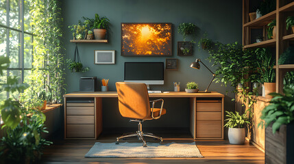 Stylish office setup with a clean desk, ergonomic chair, natural wood elements, warm lighting, contemporary decor, high resolution