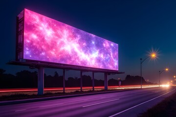 Vibrant Nighttime Billboard Displaying Cosmic Design on Highway
