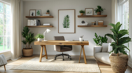 Modern home office with a wooden desk, stylish chair, open shelves, clean white walls, sophisticated decor, high resolution