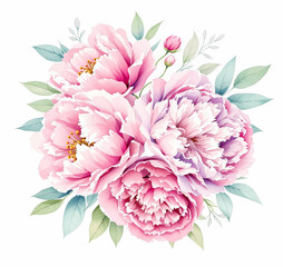 Watercolor pink magenta peony flowers bouquet