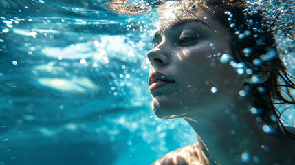 Captivating portrait of a beautiful serene woman submerged underwater with her face and upper body emerging from the liquid element creating a dreamlike ethereal and visual composition