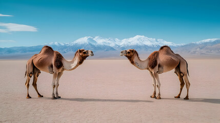 Fototapeta premium Two camels stand facing each other in a vast desert plain with snow-capped mountains under a clear blue sky.