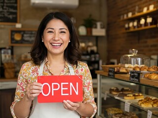 Smiling Asian Woman Holding Open Sign And Ready For Business