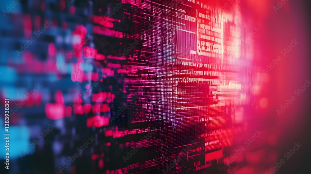 Poster Mesmerizing abstract digital art with vibrant neon glitch effect futuristic matrix like data visualization and dynamic 3D render of a kinetic geometric landscape