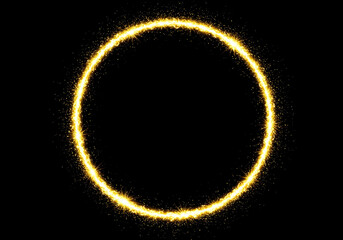 A golden glitter circle of light sparkles on black background. Golden spark particles form circular frame. Christmas magic stars glow. Glittery ring shimmers, shines. Perfect for holiday design
