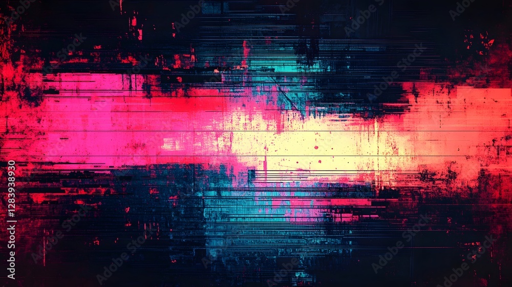 Poster Mesmerizing abstract digital artwork featuring a glitched distorted and futuristic composition with vibrant neon lights dynamic color gradients and captivating visual patterns