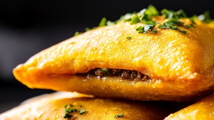 Golden fried pastries filled with savory meat, garnished with fresh herbs on a dark background