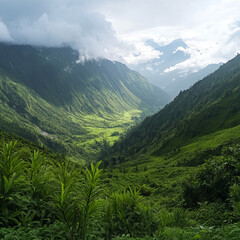 Fototapeta premium Wide angle view of a lush valley