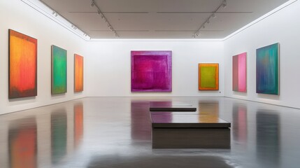 Art exhibition featuring colorful abstract paintings modern gallery visual art indoor space wide angle contemporary aesthetics