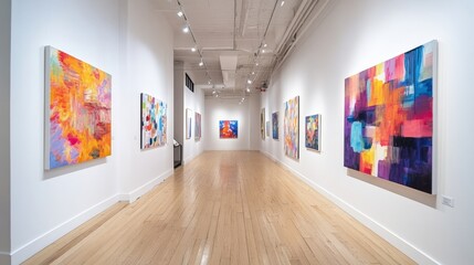 Art exhibition featuring colorful abstract paintings modern gallery visual art indoor space wide angle creative expression